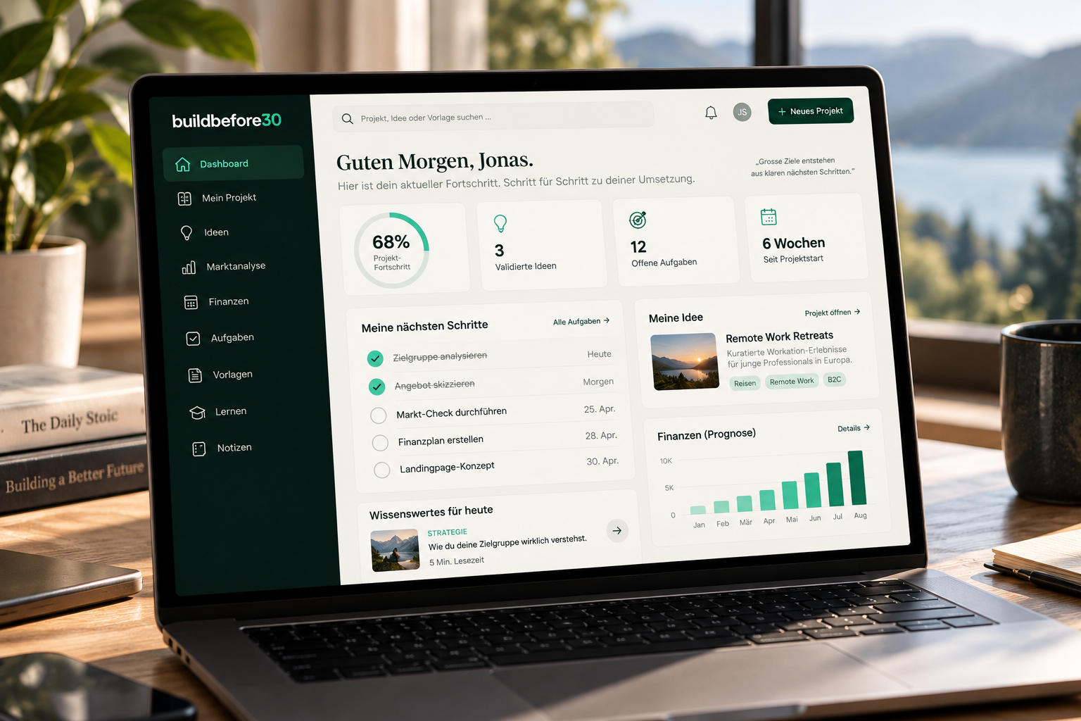 Konzeptvisualisierung des geplanten BuildBefore30 Premium Business-Cockpits auf einem Laptop